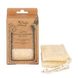 Two natural loofah kitchen sponges in a pack for cleaning and scrubbing. Made from sustainable plant-based material.