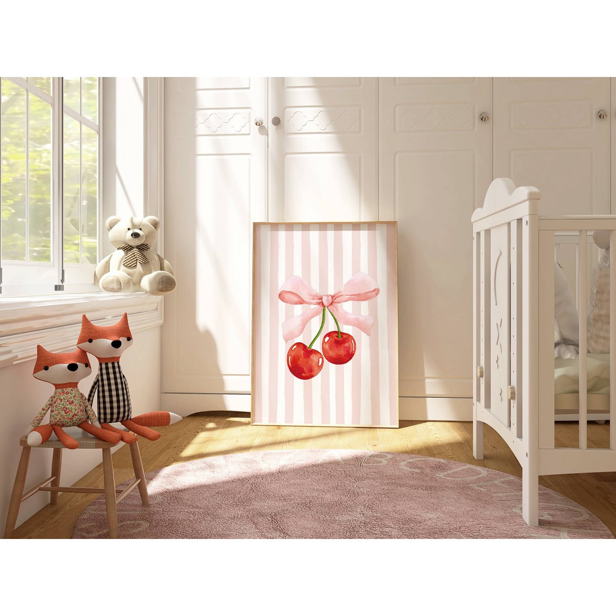 Cherry bow print, cherry poster, bow poster, Coquette print, pink girls room poster, girls nursery poster