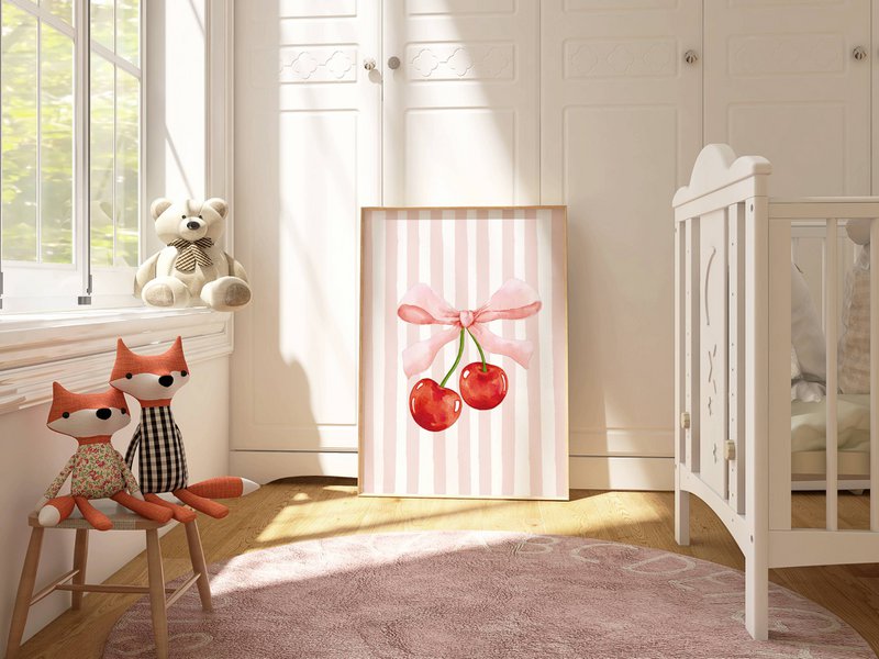 Cherry bow print, cherry poster, bow poster, Coquette print, pink girls room poster, girls nursery poster