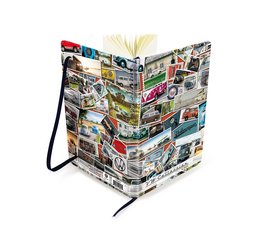 A5 format lined notebook featuring a collage of Volkswagen VW T1 Bus images and stamps in multicolored design.