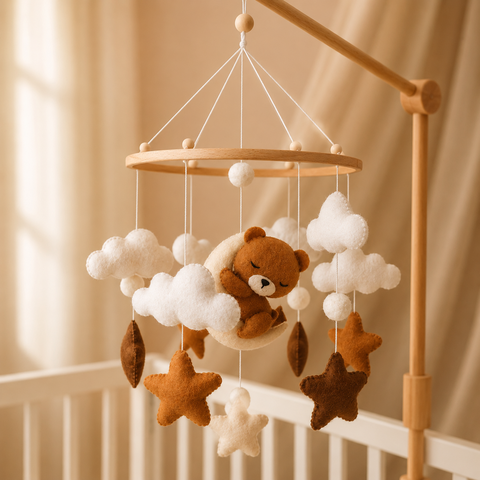 Handgemaakte Slapende Teddybeer Muziekmobiel - Boxmobiel - Baby mobile - mobile wickeltisch