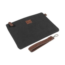 K0027AB | Wrist Pouch in Canvas/Genuine Full Grain Volanata Leather - Color Black/Dark Brown - Polished Nickel Accessories. Dimensions: 25.5 x 17.5 x 1 cm - Packaging: Tnt bag