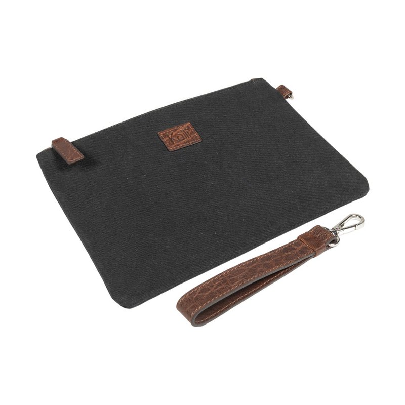 K0027AB | Wrist Pouch in Canvas/Genuine Full Grain Volanata Leather - Color Black/Dark Brown - Polished Nickel Accessories. Dimensions: 25.5 x 17.5 x 1 cm - Packaging: Tnt bag