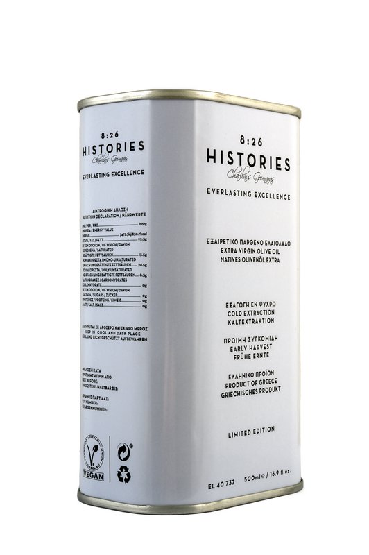 8:26 Histories Organic Extra Virgin Olivenolie 500 ml dåse Premium Single Edition