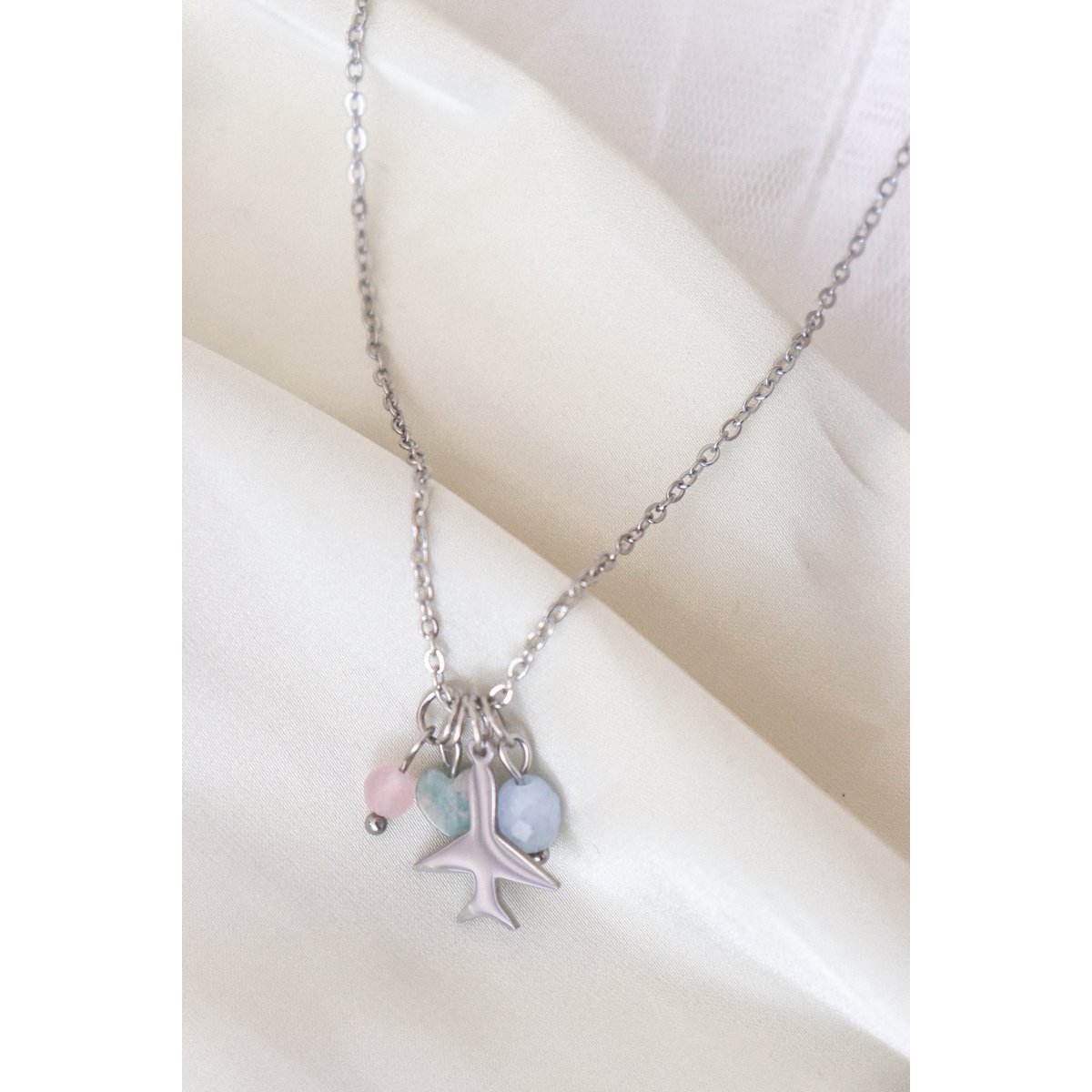 Vliegtuig Ketting Rozenkwarts, Amazoniet & Aquamarijn - Zilver