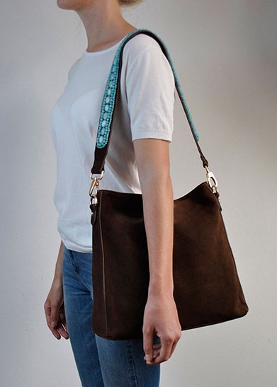 SAC BOHO IBIZA - Bandoulière aigue-marine (70cm) + Sac en daim (Cacao)