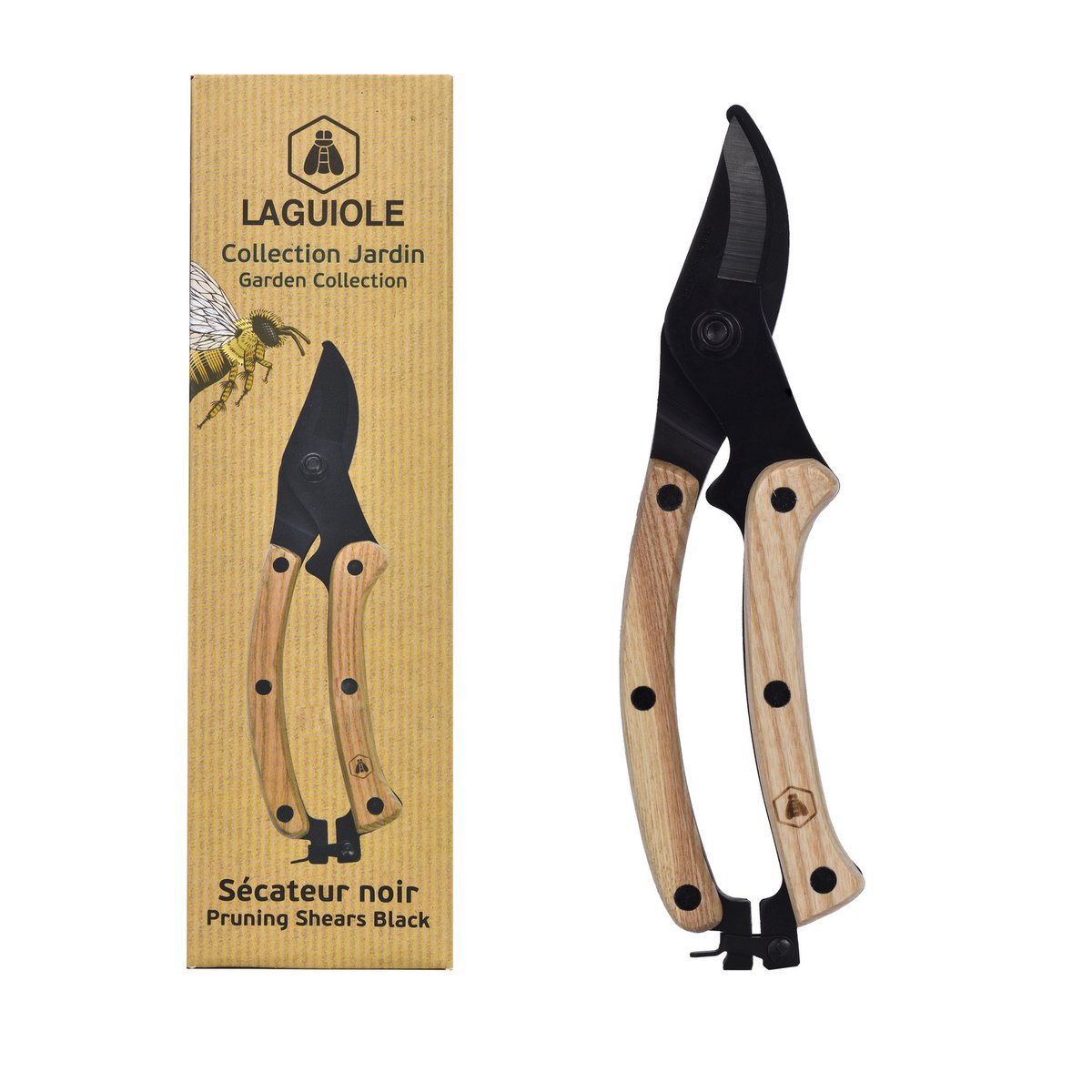 LAGUIOLE, Black and Wood Secateurs, Lightweight, Fresh Branches and Twigs, Ergonomic, Gardening, Stainless Steel Blade, Natural Ash Wood Handle, Black