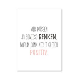 Positive thinking magnet with motivational text in German. Rectangular shape, white background with black and pink text.