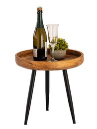 Round wooden side table with black metal legs, available in 40 cm or 50 cm diameter, suitable for use as a coffee table or living room table.