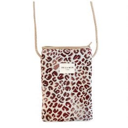 Leopard print phone bag with adjustable strap and zipper closure. Compact and stylish design for carrying your phone and other small essentials.