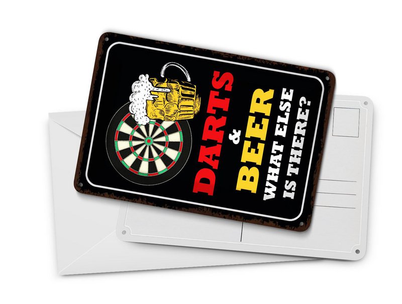 Tin postcard saying 10x14 cm Darts and Beer what else is there decorative sign