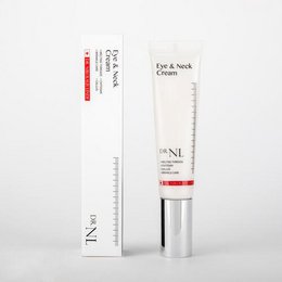  White tube eye and neck cream with red accent stripe, silver metallic cap, minimalist skincare packaging design.