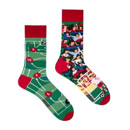  Casual socks with a football design, available in sizes EU 36-39, EU 40-43, and EU 44-46. The socks feature a vibrant, colorful pattern with footballs and other sports-themed elements.