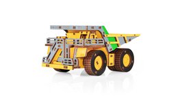 Yellow mechanical mining dump truck puzzle, wooden construction kit, detailed engineering model.