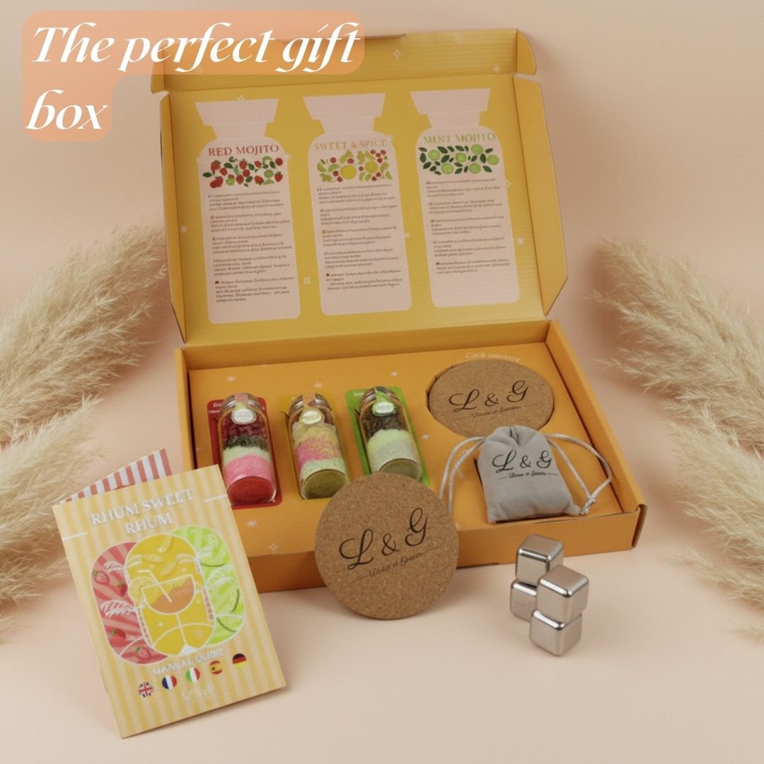 L&G - Arranged Rum Box “Sweet Rum” | Homemade Rum Making Kit with Natural Spices | 3 Vials of Exotic Flavors + Ice Cubes + Coasters | Mother's Day Gift Idea
