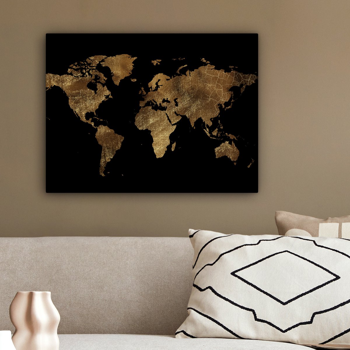 Canvas schilderij  - Wanddecoratie - Wereldkaart - Goud - Luxe - Aarde - Zwart