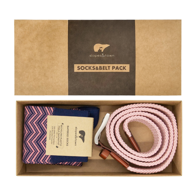 Geschenkdoos riem Ray en roze visgraatsokken