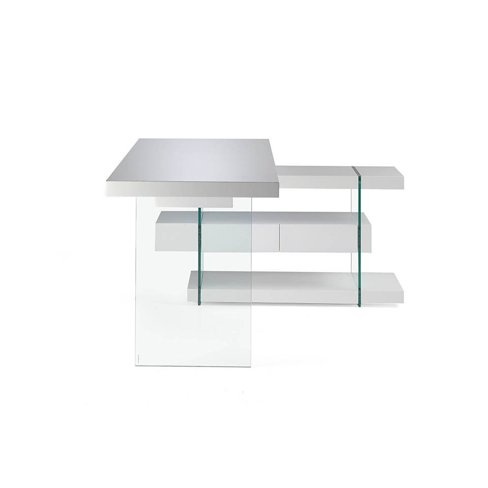 White wooden desk and tempered glass