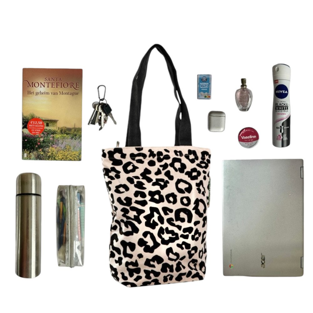 Tote Bag baby Luipaard Black - Duurzaam - met rits - Gemaakt van gerecycled bedlinnen