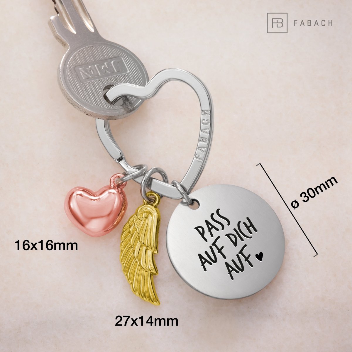 "I love you" guardian angel keychain - angel wing heart lucky charm and engraved plate with a loving message