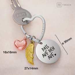 Llavero ángel de la guarda "Te amo" - amuleto de la suerte en forma de corazón con alas de ángel y placa grabada con un mensaje amoroso