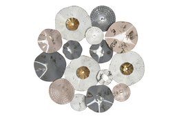 A decorative wall art piece featuring an arrangement of round metal discs in various shades of gray, white, and gold. The discs have a textured, abstract pattern that creates a visually interesting and modern design.