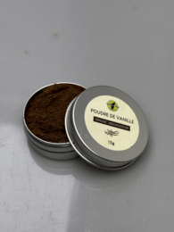 Vanilla powder 15 g, a single spice product in a round tin container. The powder has a rich, aromatic vanilla scent and a dark brown color.