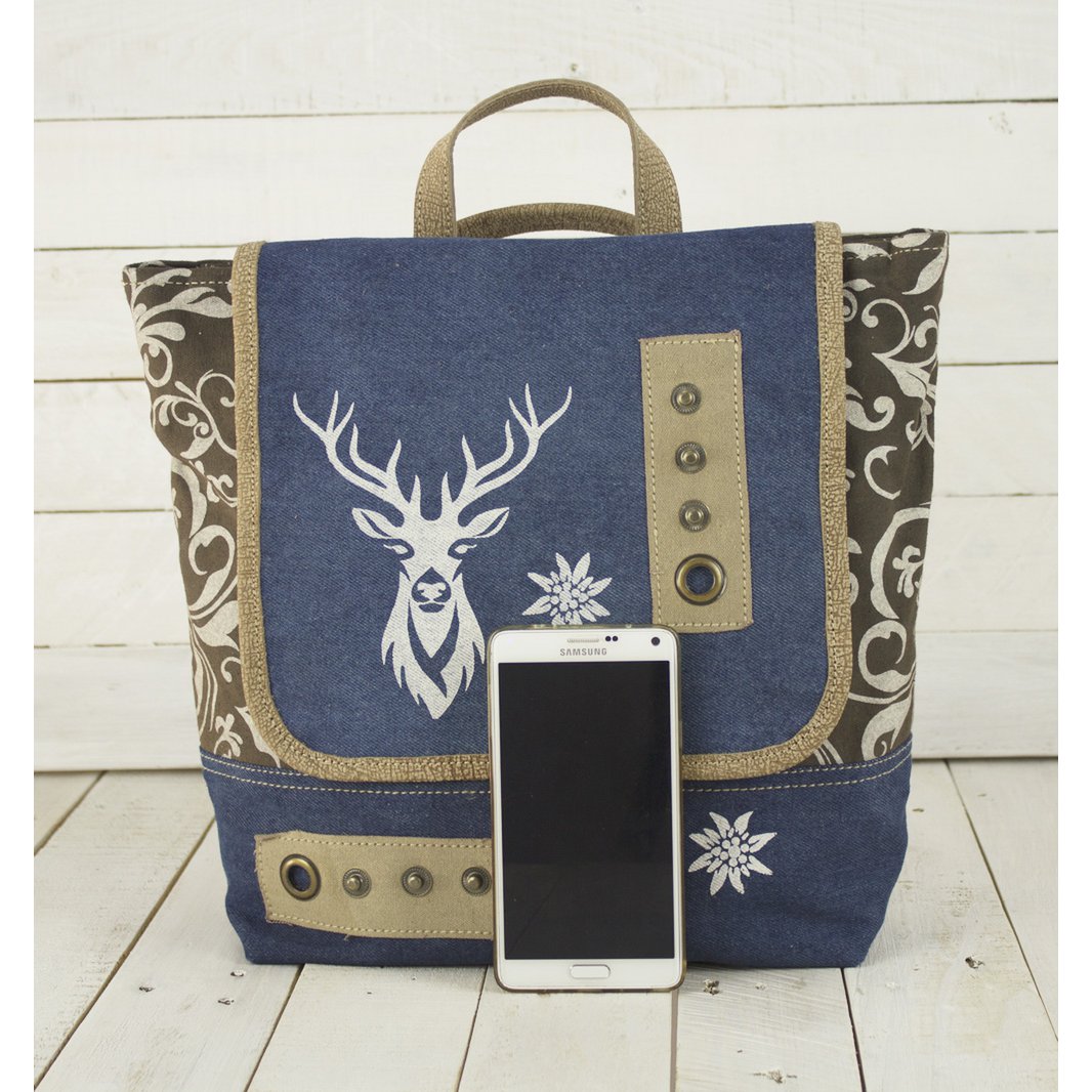 Domelo traditionele rugzak/schoudertas voor meisjes. Rugzak gemaakt van upcycled jeans en canvas met een hertenmotief