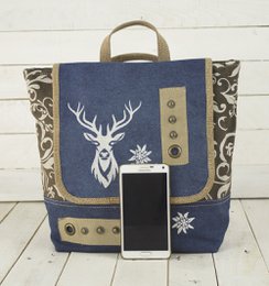 Domelo Trachten Rucksack/ Umhängetasche für Mädchen. Backpack aus Jeansstoff und Canvas mit Reh-Motiv