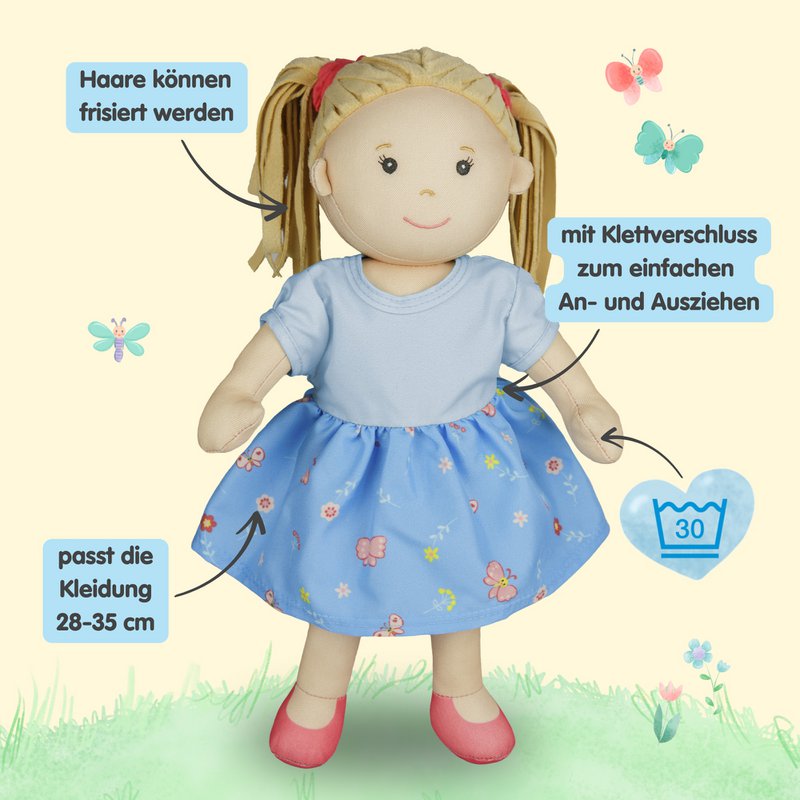 Stof Doll '' Nela '' med kjole til at sætte på og tage af, 32 cm