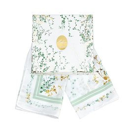 White scarf with green floral pattern, gold circular design, botanical print, 50x50 inches, gift packaging.