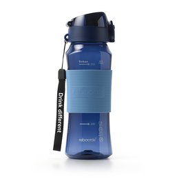 Sky blue sustainable drinking bottle with flip-top lid and carrying strap. Durable plastic construction suitable for travel and outdoor activities.