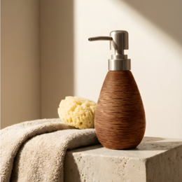  Ceramic soap dispenser with a unique spiral pattern in earthy tones, suitable for bathroom decor.