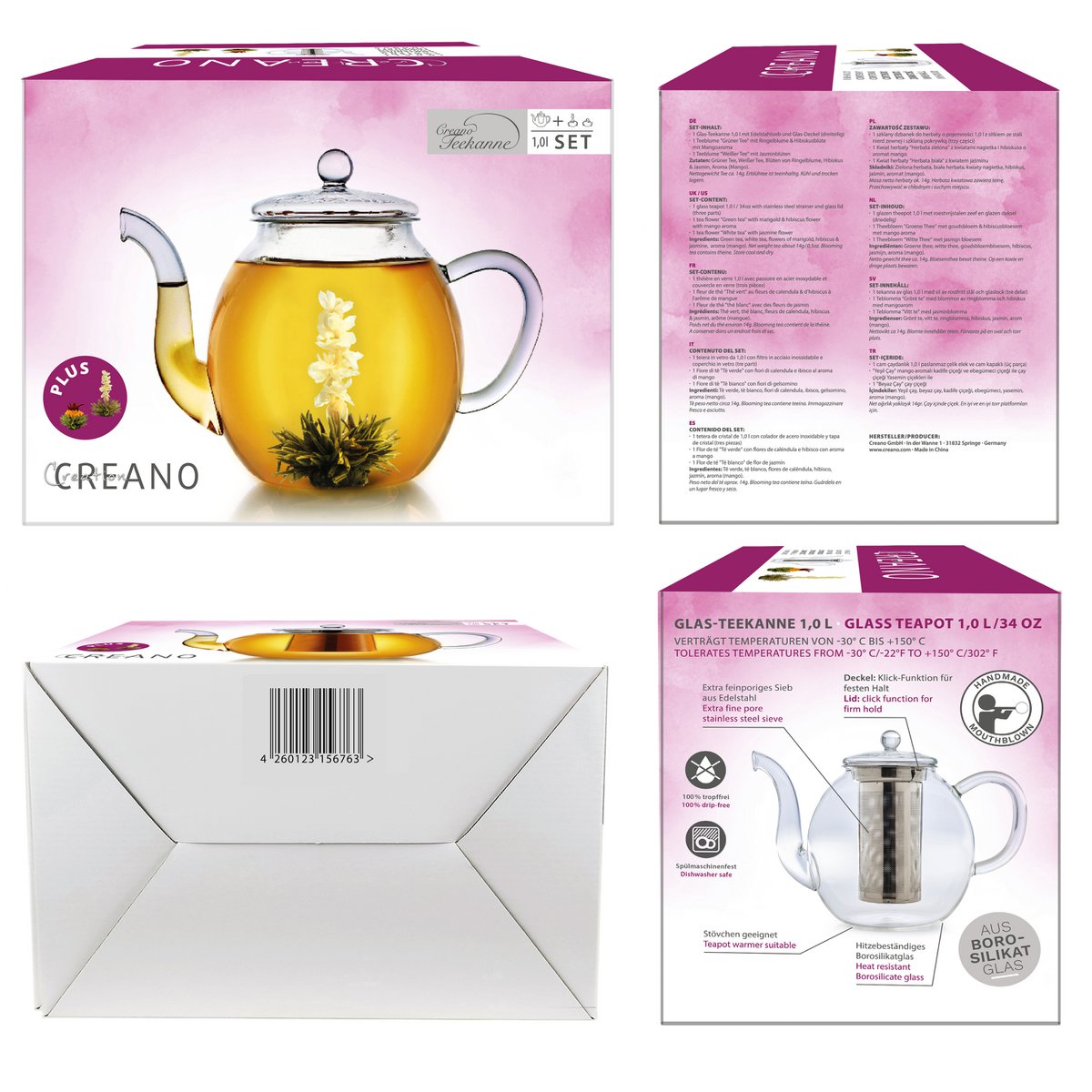 Creano Glasteekanne 1,0l inkl. 2 Teeblumen