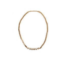 A gold-colored necklace with a chain of small, round beads or charms. The necklace appears to be made of a metallic material, likely gold or a gold-toned alloy. The necklace has a simple, elegant design that would complement a variety of outfits.