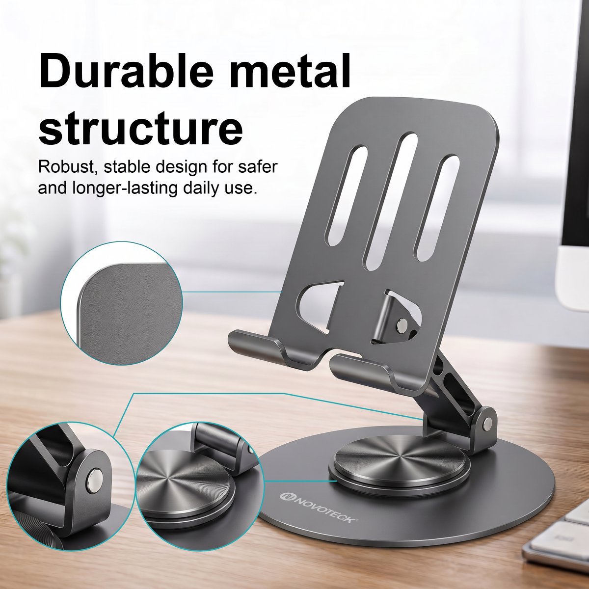 NOVOTECK Z-093 Soporte Giratorio Plegable para Teléfono – Soporte Metálico Ajustable 360° para Smartphones y Tabletas