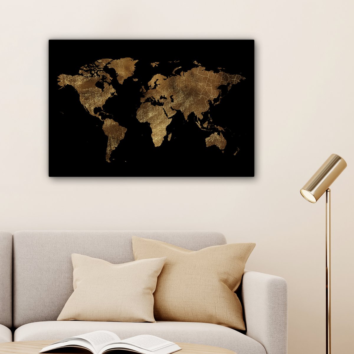 Canvas schilderij  - Wanddecoratie - Wereldkaart - Goud - Luxe - Aarde - Zwart