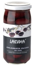 Dark green Kalamata olives with pits, packed in a glass jar. Kalamata olives are a specialty olive variety known for their rich, fruity flavor and firm texture.