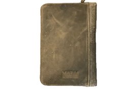 A writing folder with zipper in various colors including cognac, dark brown, oyster gray, and brown fur. The folder has multiple compartments and pockets for organization.