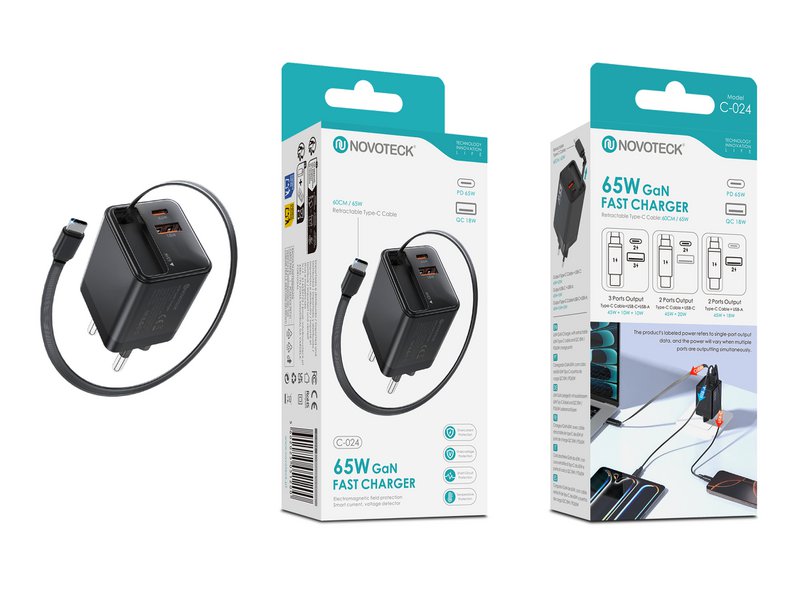 Cargador GaN de 65W con cable USB-C retráctil – NOVOTECK C-024