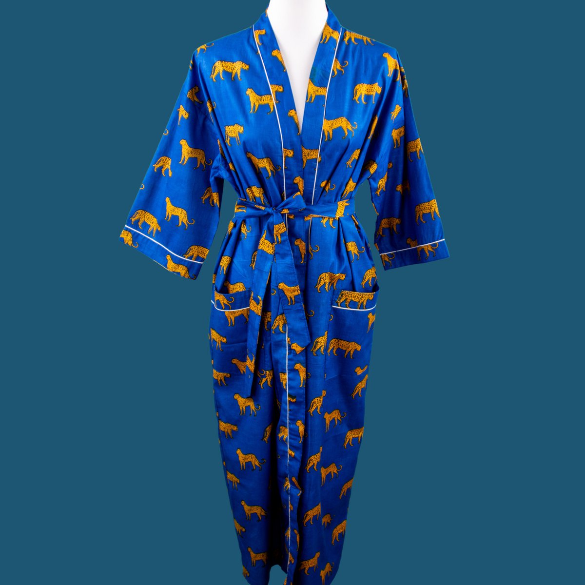 Royal Blue Block Print Morgenmantel, badekåbe, 100% bomuld, morgenmantel, kimono, fra Indien, håndprint