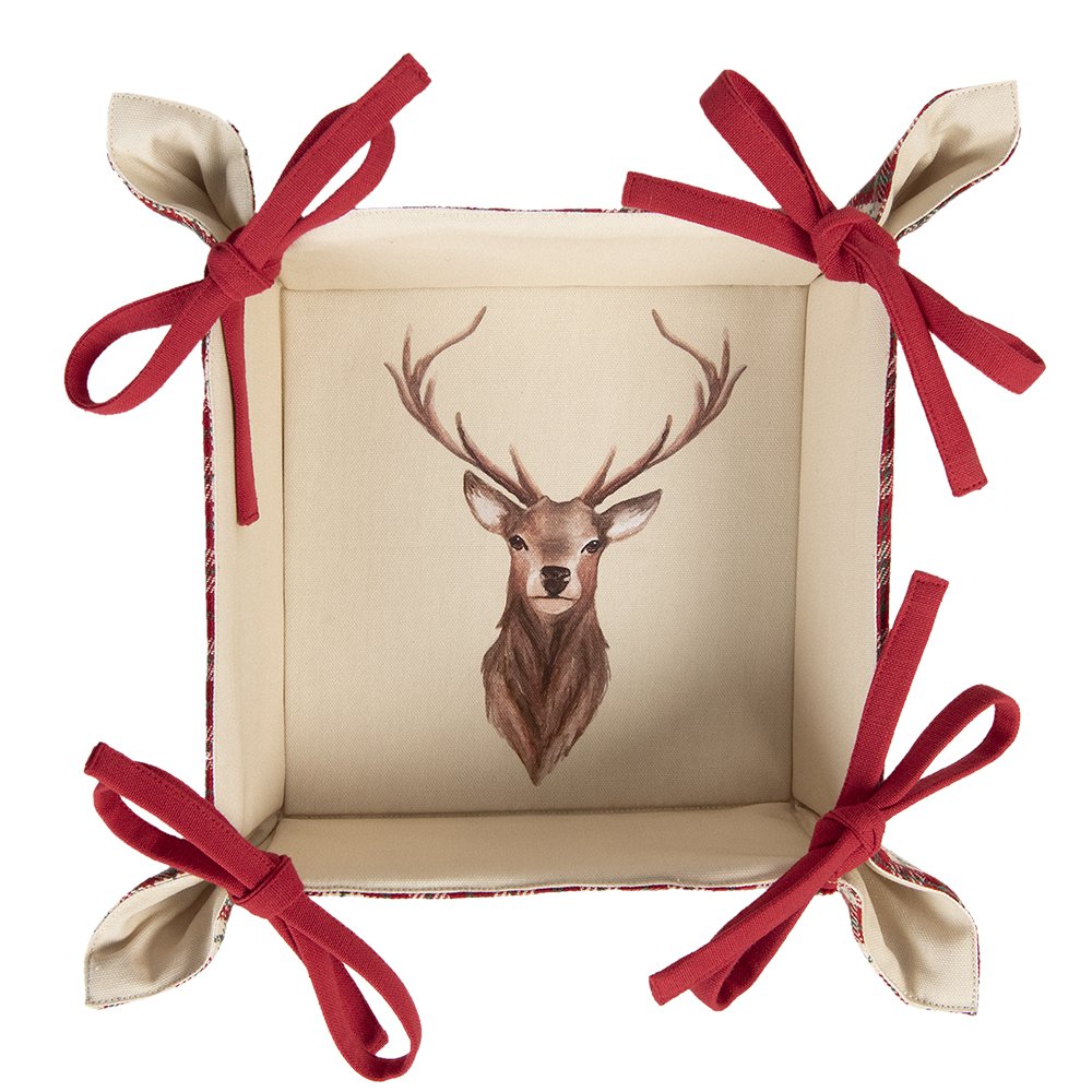 Broodmand 35x35x8 cm Rood Beige Katoen Ruit Hert Cadeau Keuken