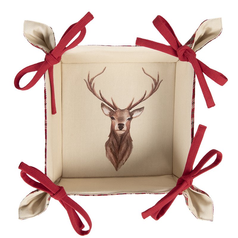 Broodmand 35x35x8 cm Rood Beige Katoen Ruit Hert Cadeau Keuken