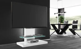 "Modern TV stand with glass shelves, black and white high-gloss finish, sleek minimalist design, media storage furniture"