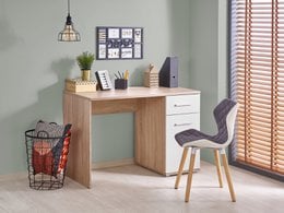  "Sonoma wood and white desk, modern minimalist style, rectangular shape, home office furniture"