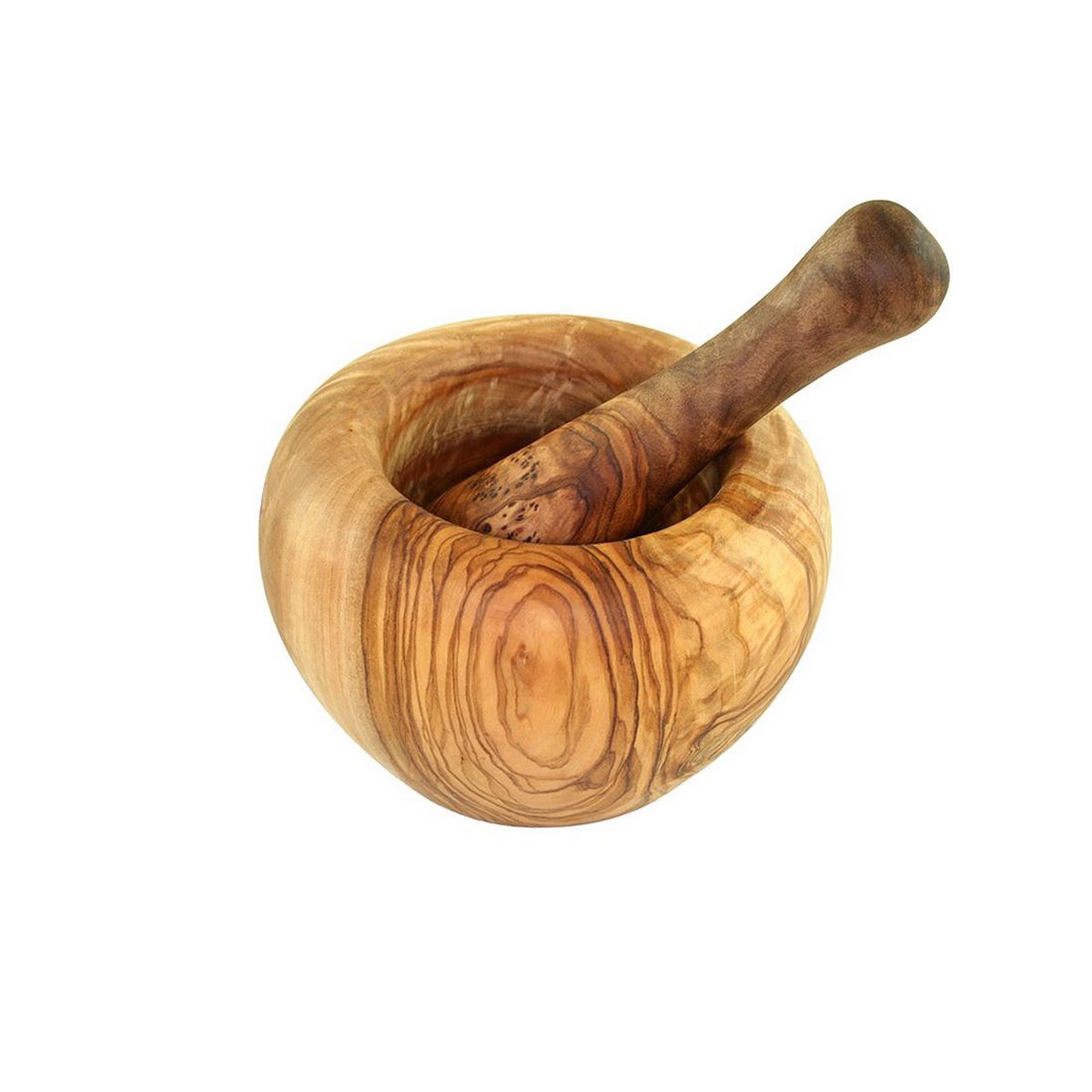 Mortaio rotondo (circa 12 cm di diametro) con pestello in legno d'ulivo