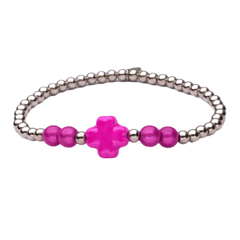LizzyMae armbånd rustfrit stål - sølv + kløver fuchsia
