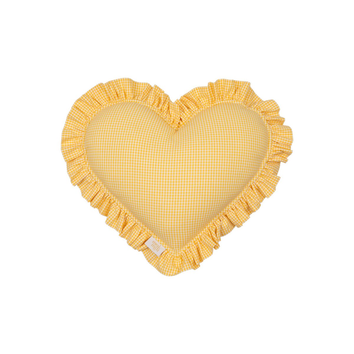 Cojín de corazón de doble cara con volante, cuadros amarillo mantequilla