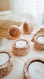 Cork textured round tealight holders, natural beige speckled ceramic candle holders, rustic style decorative tea lights.