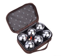 Set of 6 chrome petanque balls in a carrying case with a patterned exterior.
